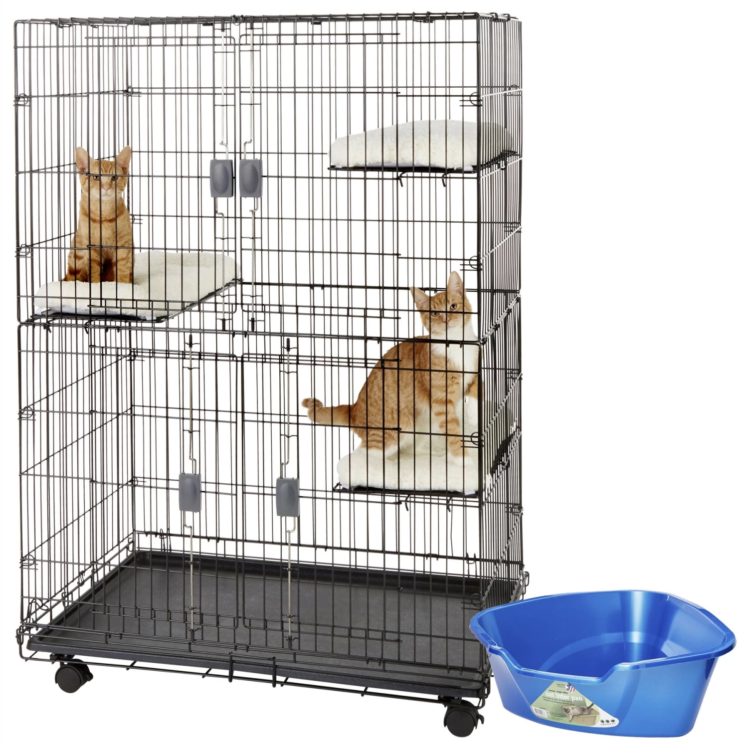 Frisco Collapsible Wire Cat Cage Playpen & Van Ness High Side Corner Cat Litter Pan, Blue
